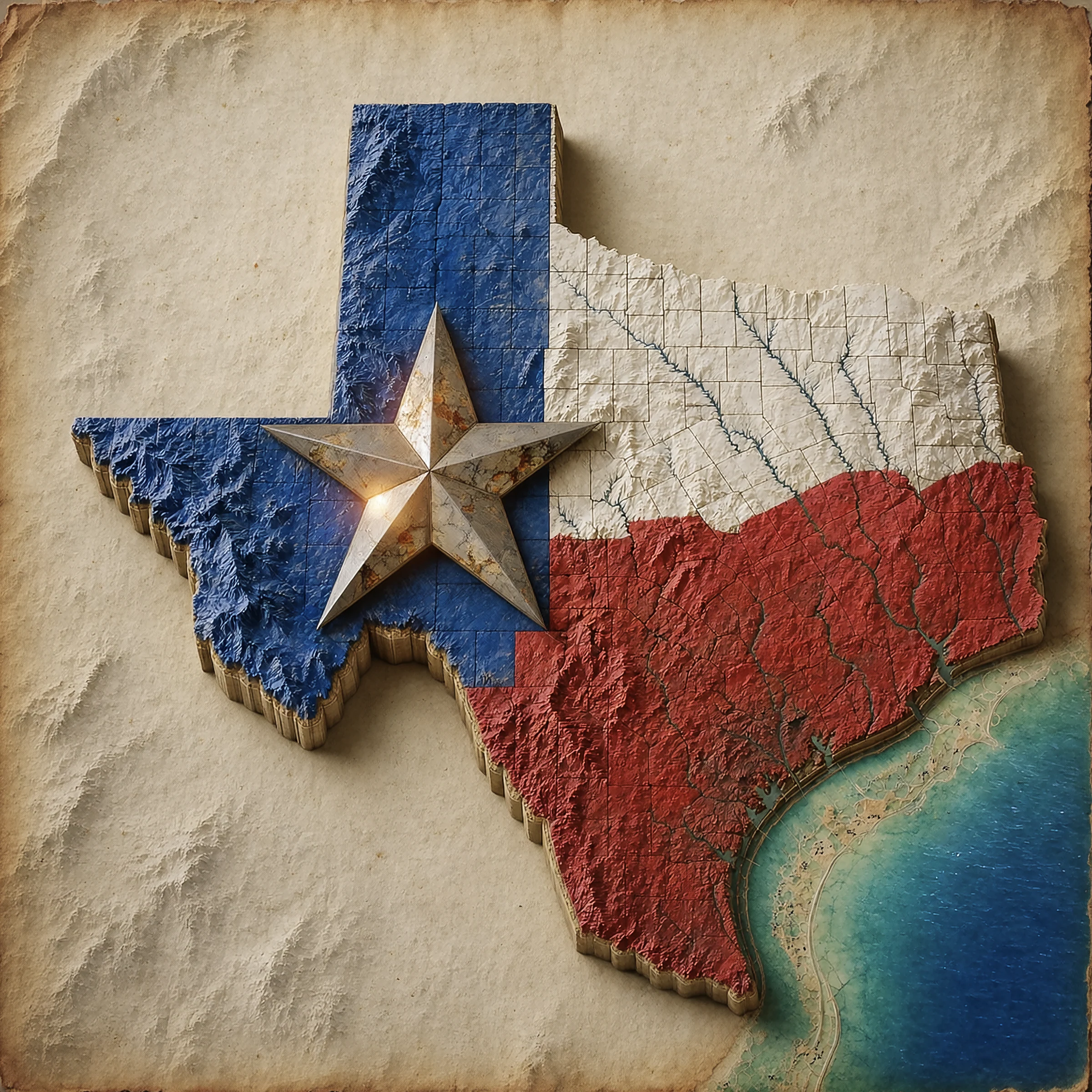 Sculpted relief of Texas in the state flag colors with a raised metal star